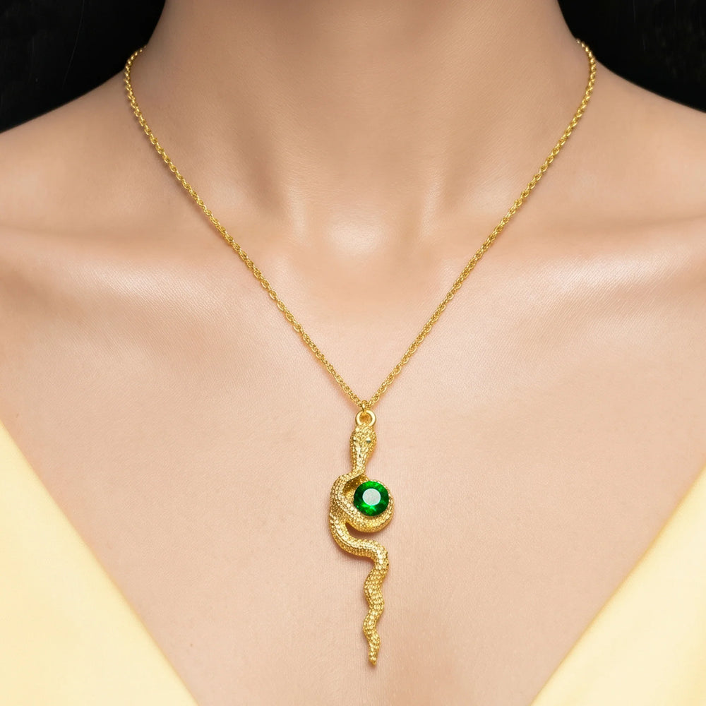 PAJURI Necklace Anti-Tarnish Emerald Snake Pendant