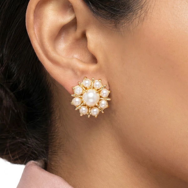 PAJURI Earrings Anti-Tarnish Floral Sunburst Pearl Studs