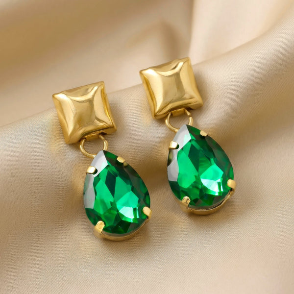 PAJURI Earrings Anti-Tarnish Emerald Teardrop Dangle Earrings With Square Studs