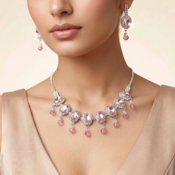 PAJURI Necklace Anti-Tarnish Oval Pink Gemstone Set With Earrings