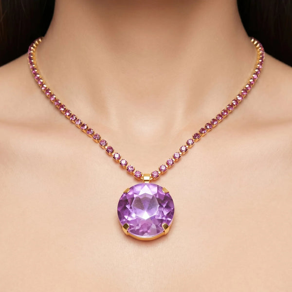 PAJURI Necklace Anti-Tarnish Oversized Round Purple Crystal Pendant