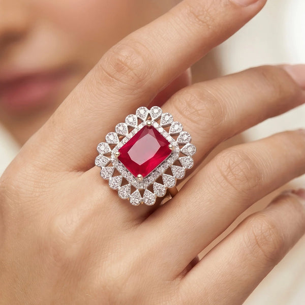 PAJURI Ring Anti-Tarnish Ruby Red Stone Studded With Crystals (Adjustable Size)