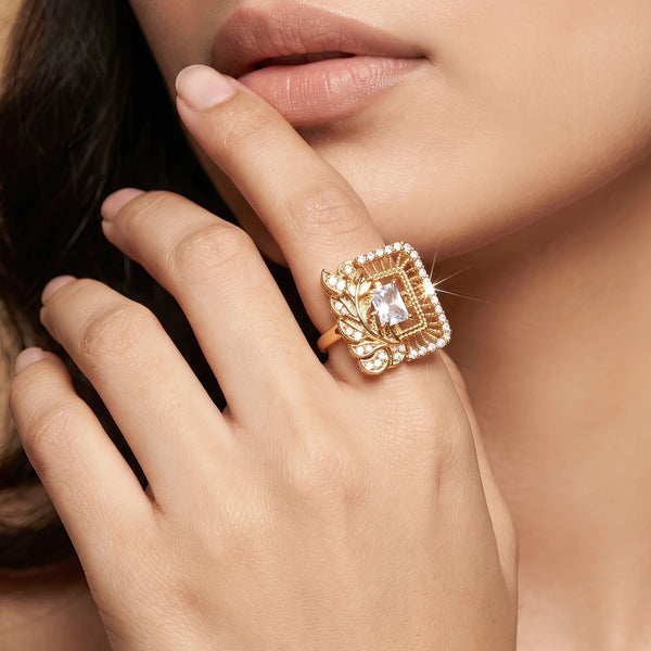 PAJURI Ring Anti-Tarnish Emerald-Cut Crystal (Adjustable Size)