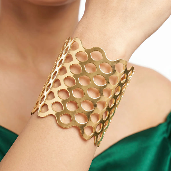 PAJURI Bracelet Anti-Tarnish Honeycomb Architectural Cuff (Adjustable Size)