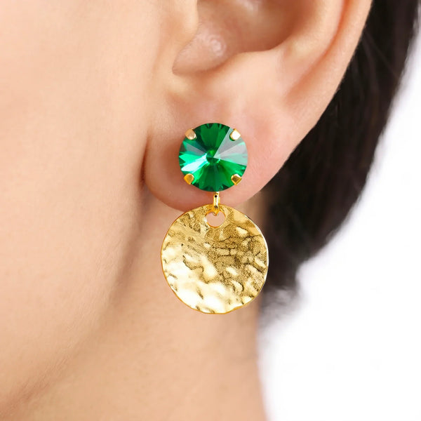 PAJURI Earrings Anti-Tarnish Hammered Coin Dangles With Emerald Crystal