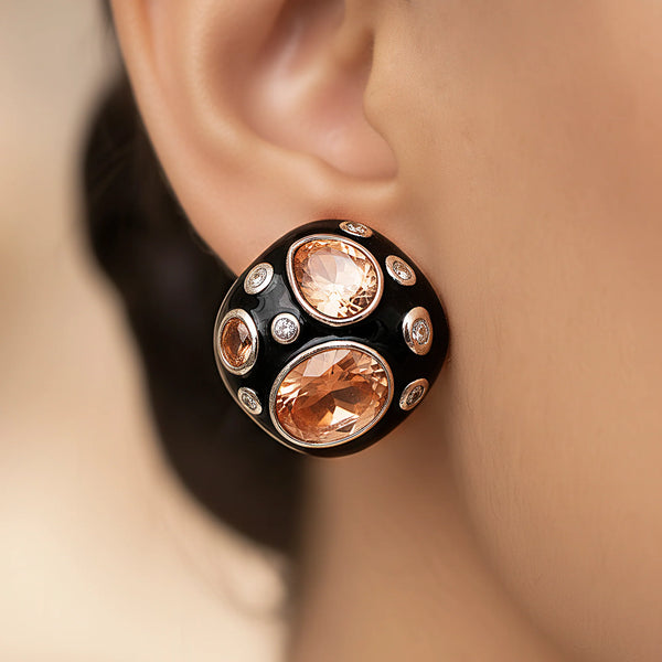 PAJURI Earrings Anti-Tarnish Black Enamel Mixed Stones Studded Tops