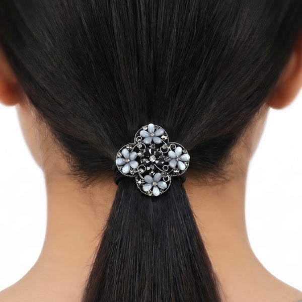 PAJURI Hair Tie Ornate Floral Blue Grey Rhinestone Flower Charm Black Elastic
