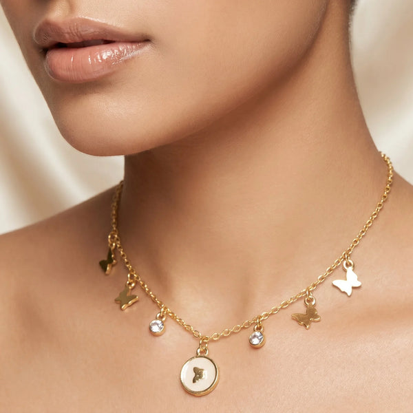 PAJURI Necklace Anti-Tarnish Gold Plated Minimalist Chain With Butterfly Charms, Bezel-Set Crystals & Pendant Set