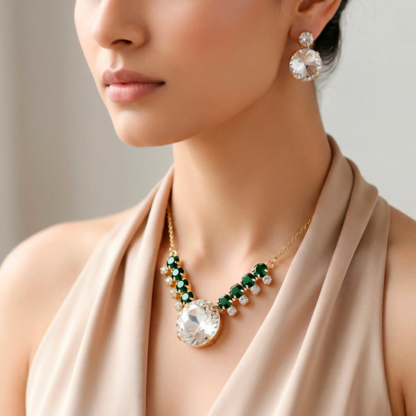 PAJURI Necklace Anti-Tarnish Round Crystal Statement Set With Earrings