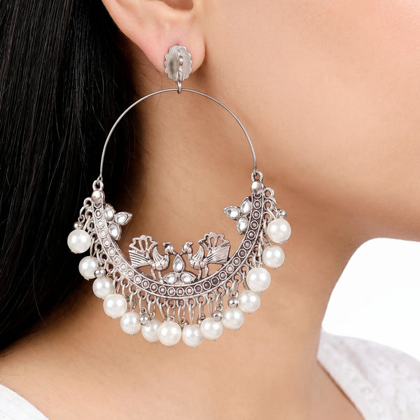 PAJURI Earrings Anti-Tarnish Ornate Hoops Crescent Peacock Crystal Pearls