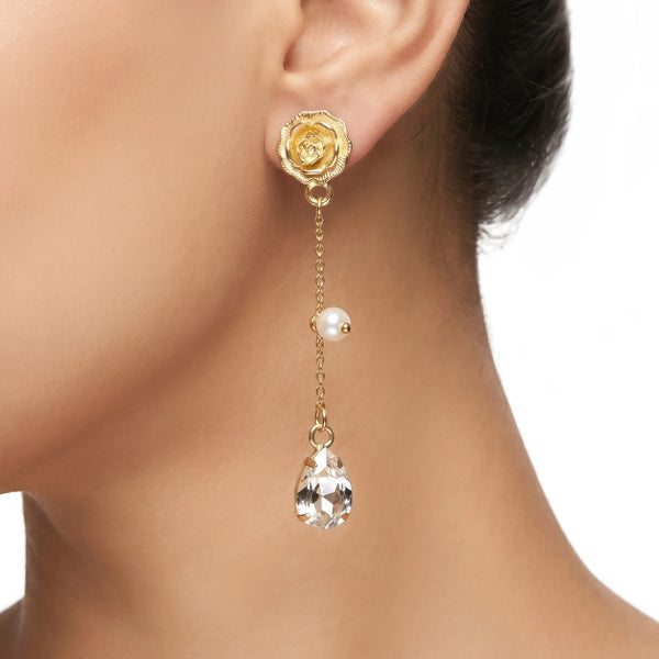 PAJURI Earrings Anti-Tarnish Rose Dangles With Pearls And Teardrop Crystal