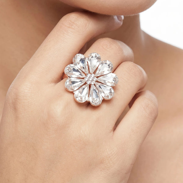 PAJURI Ring Anti-Tarnish Clear Floral Crystal (Adjustable Size)