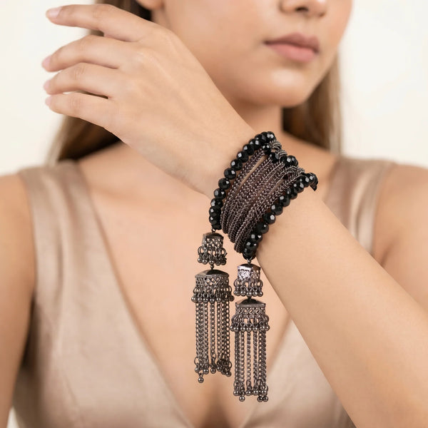 PAJURI Bracelet Anti-Tarnish Spiral Black Crystals Tassels (Adjustable Size)
