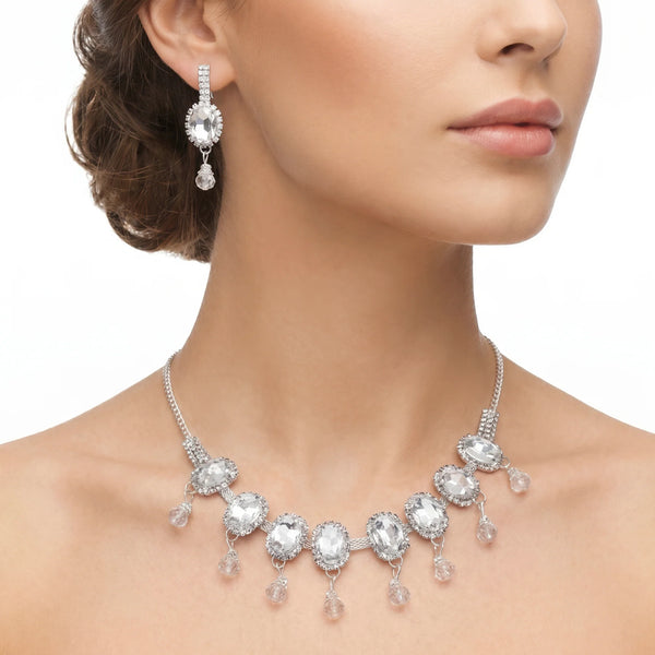 PAJURI Necklace Anti-Tarnish White Crystal Gemstone Set With Earrings