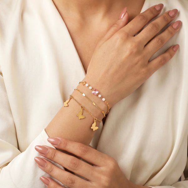 PAJURI 3 Bracelet Anti-Tarnish Trio With Butterfly Charms And Lilac Beads (Adjustable Size)