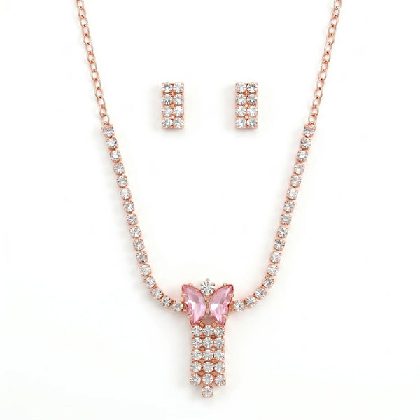 PAJURI Necklace Anti-Tarnish Pink Butterfly Rhinestone Set With Earrings