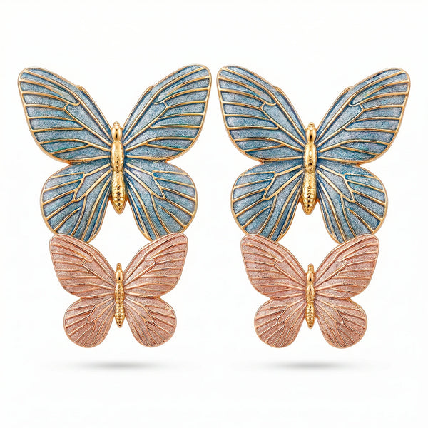 PAJURI Earrings Anti-Tarnish Blue and Pink Enamel Butterfly Danglers