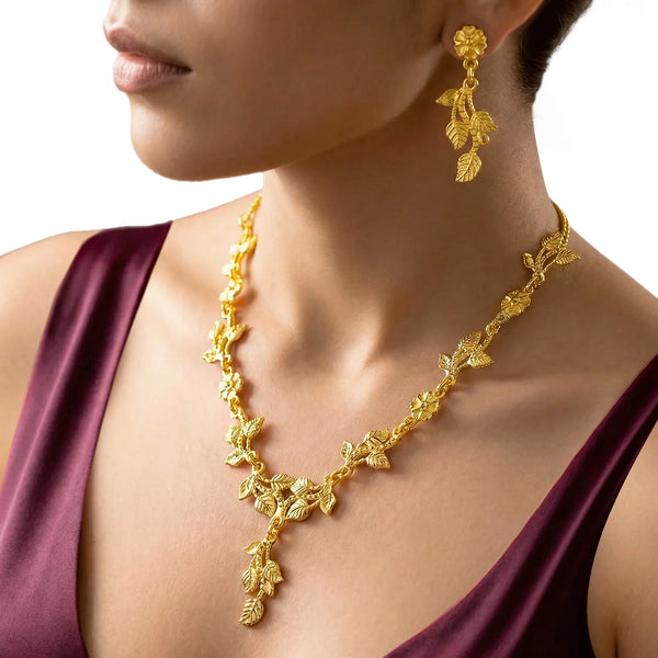 PAJURI Necklace Anti-Tarnish Nature-Inspired Vine, Leaf, And Floral Motif Chain Set With Earrings