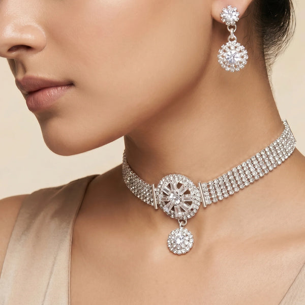 PAJURI Necklace Anti-Tarnish Multi-Strand Crystal Starburst Choker Set With Earrings