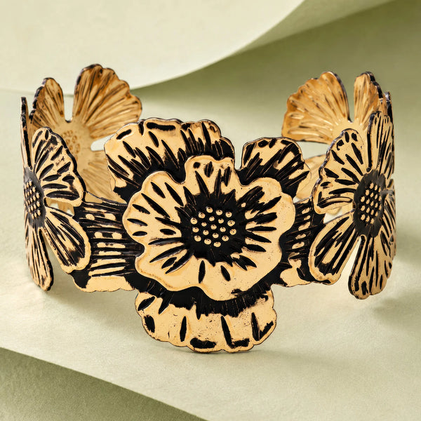 PAJURI Bracelet Anti-Tarnish Black Floral Sculpted Cuff (Adjustable Size)