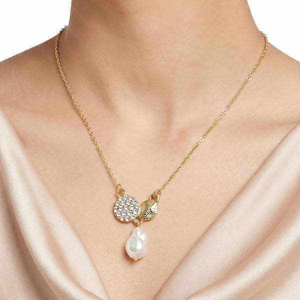 PAJURI Necklace Anti-Tarnish Pavé Disc & Drop Pearl