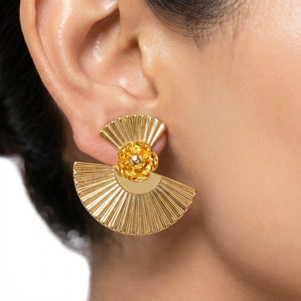 PAJURI Earrings Anti-Tarnish Art Deco Fan Statement With Floral Accent
