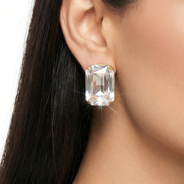 PAJURI Earrings Anti-Tarnish White Emerald-Cut Crystal Studs