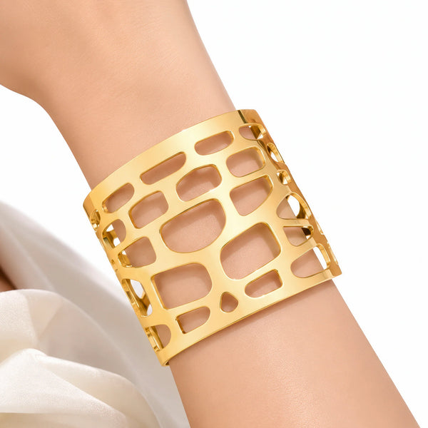 PAJURI Bracelet Anti-Tarnish Mosaic Cutout Wide Cuff (Adjustable Size)