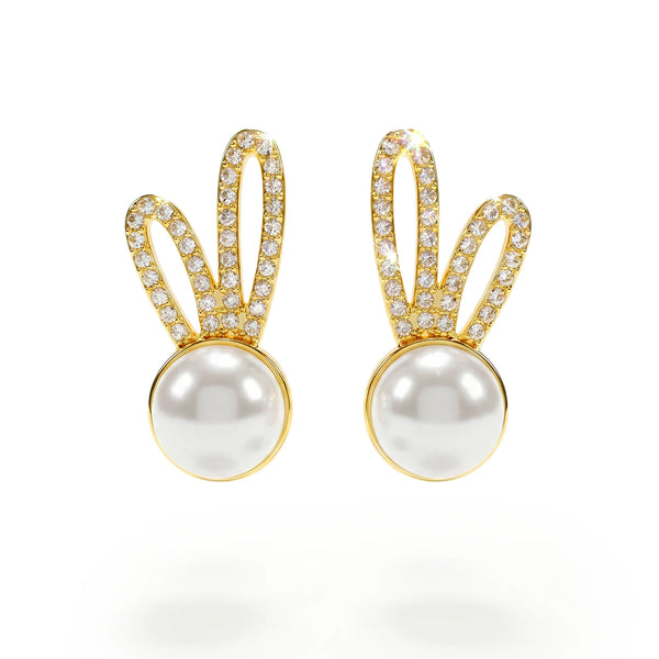 PAJURI Earrings Anti-Tarnish Bunny Ear Crystal Pearl Studs