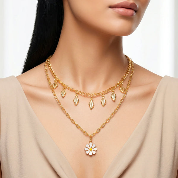 PAJURI Necklace Anti-Tarnish Daisy Charm Double-Layer Chain