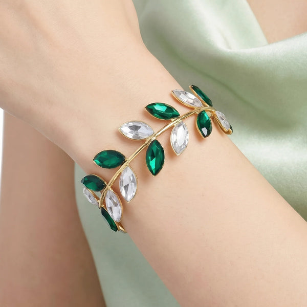 PAJURI Bracelet Anti-Tarnish Emerald Crystal Leafy Bangle (Adjustable Size)