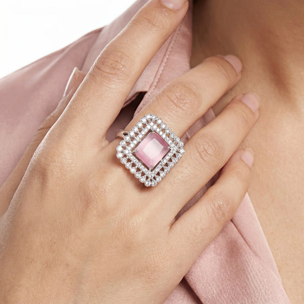 PAJURI Ring Anti-Tarnish Pink Crystal Square (Adjustable Size)