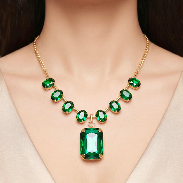 PAJURI Necklace Anti-Tarnish Spacer Oval Emerald Crystal With Rectangle Pendant