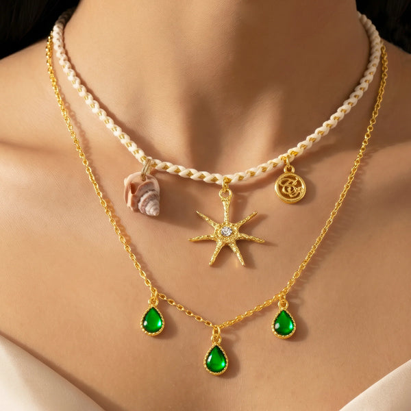 PAJURI Necklace Anti-Tarnish Sunburst Charm & Green Gemstone Layered Chain