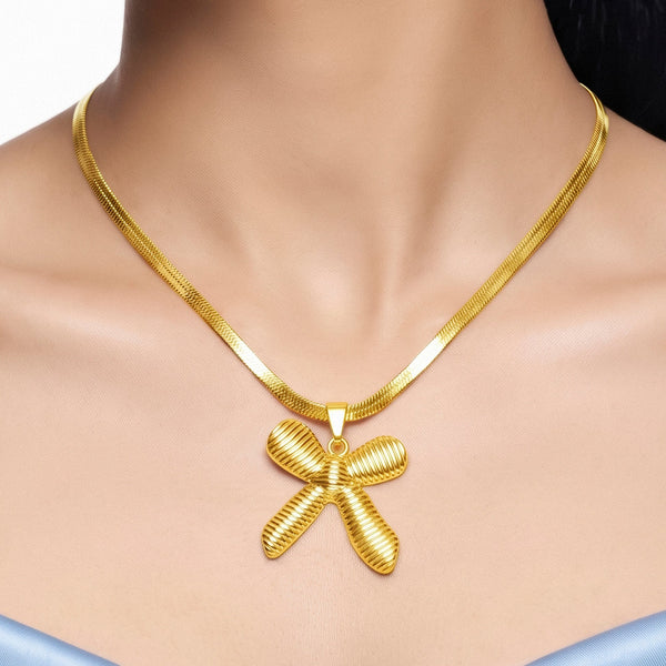 PAJURI Necklace Anti-Tarnish Gold Plated Textured Bow Pendant Snake Chain