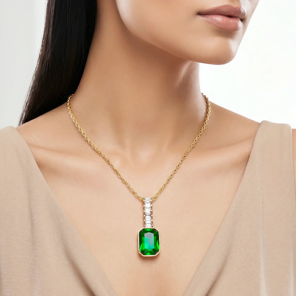 PAJURI Necklace Anti-Tarnish Baguette Chain & Emerald Crystal Pendant