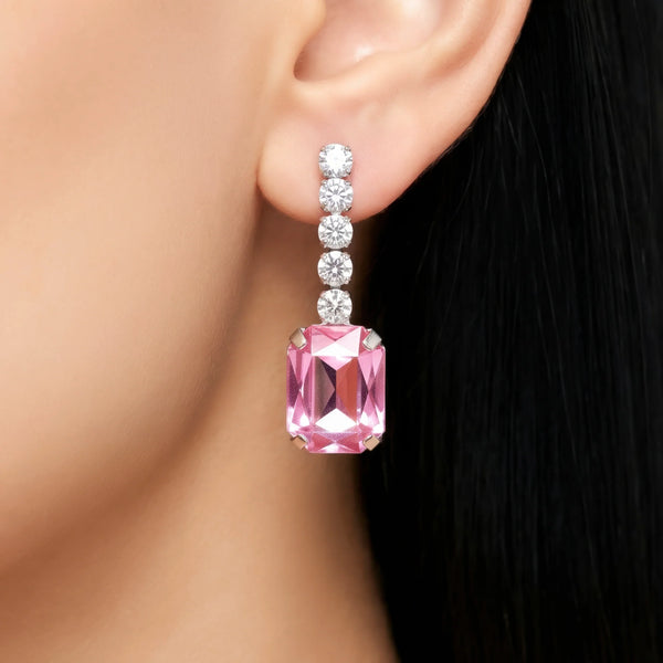 PAJURI Earrings Anti-Tarnish Rose Pink Rectangular Crystal Dangles