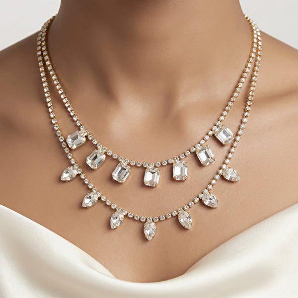 PAJURI Necklace Anti-Tarnish Double-Layer Rectangle And Drop Crystal Charm