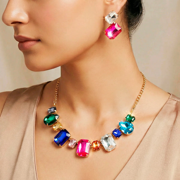 PAJURI Necklace Anti-Tarnish Multicolor And Shapes Crystal Set With Earrings