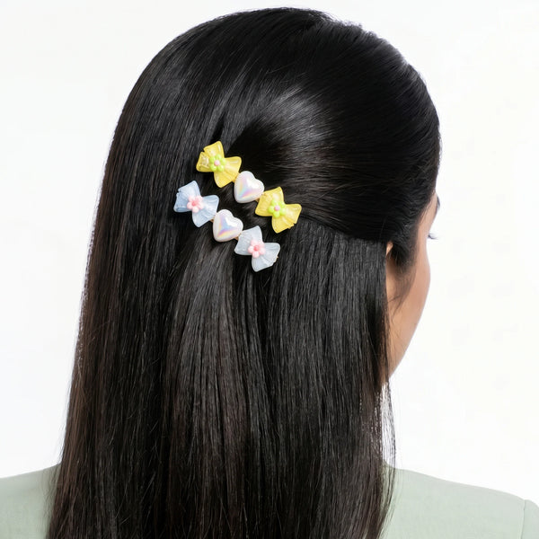 PAJURI 2 Hair Clip Anti-Tarnish Yellow Pastel Blue Resin Bow Pair Flower Center Iridescent Heart Accent