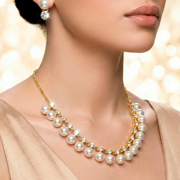 PAJURI Necklace Anti-Tarnish Pearl & Crystal Studded Statement Set with Earrings