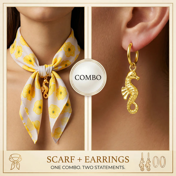 PAJURI COMBO ✨ Yellow Floral Scarf Necklace With Seahorse Earrings