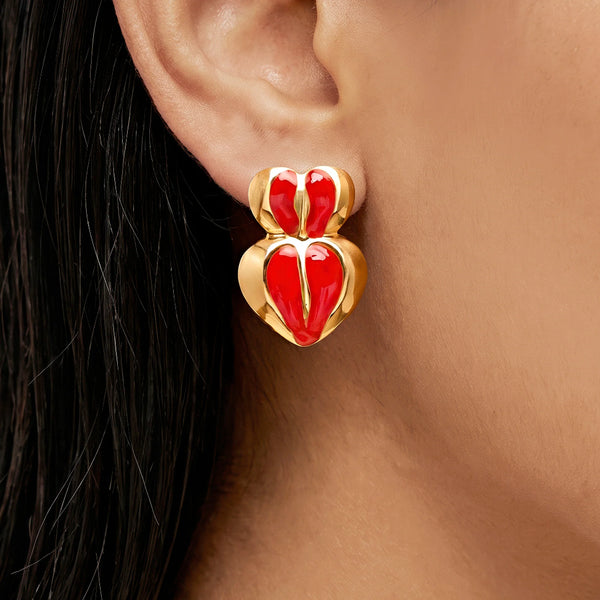 PAJURI  Earrings Anti-Tarnish Tiered Red Enamel Heart Drop