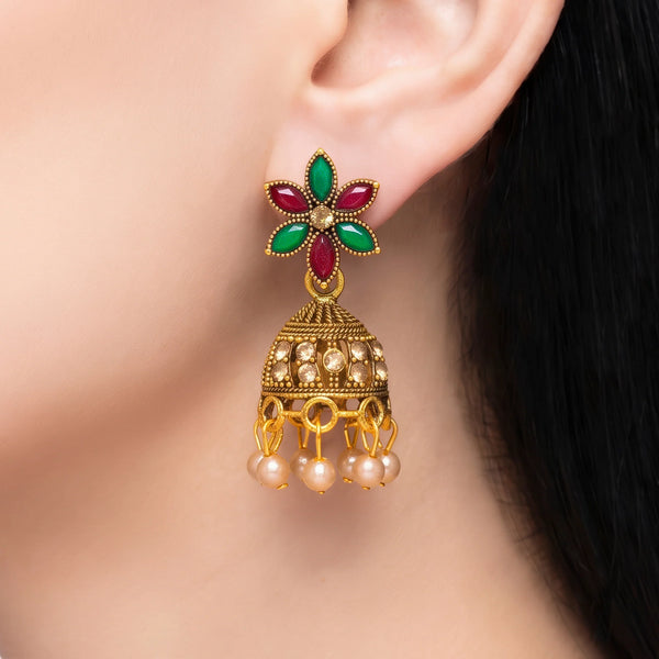 PAJURI Earrings Anti-Tarnish Antique Floral Pearl Jhumka
