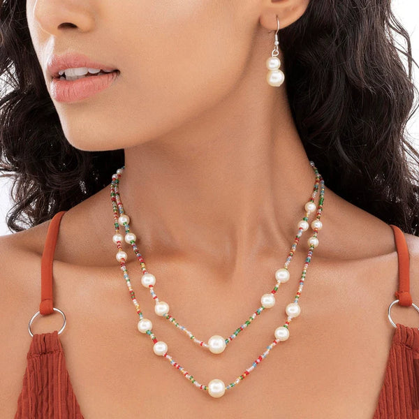PAJURI Necklace Exquisite Double Layer Bead & Pearl Set With Earrings