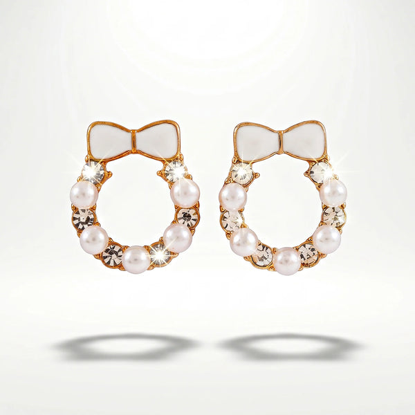 PAJURI Earrings Anti-Tarnish Wreath Mini Studs With White Enamel & Faux Pearl
