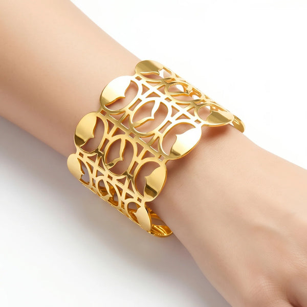 PAJURI Bracelet Anti-Tarnish Geometric Open-Work Wide Cuff (Adjustable Size)