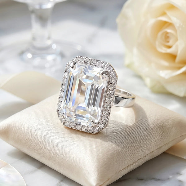 PAJURI Ring Anti-Tarnish Emerald Cut Crystal Halo (Adjustable Size)