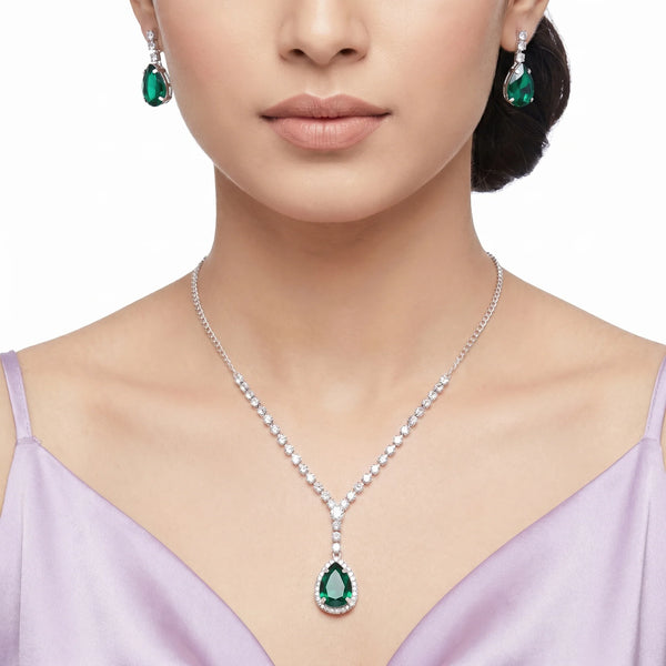 PAJURI Necklace Anti-Tarnish Emerald Teardrop Crystal Set With Earrings