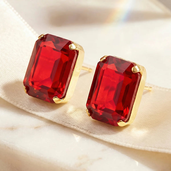 PAJURI Earrings Anti-Tarnish Ruby Red Emerald-Cut Crystal Studs